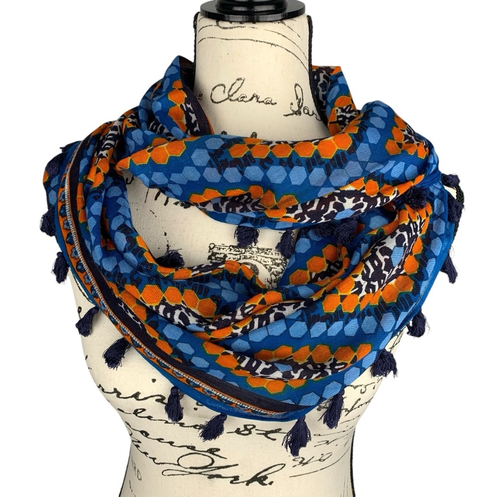 Bohemian Blue & Orange Geometric Hexagon Diamond Print Infinity Scarf Tassels